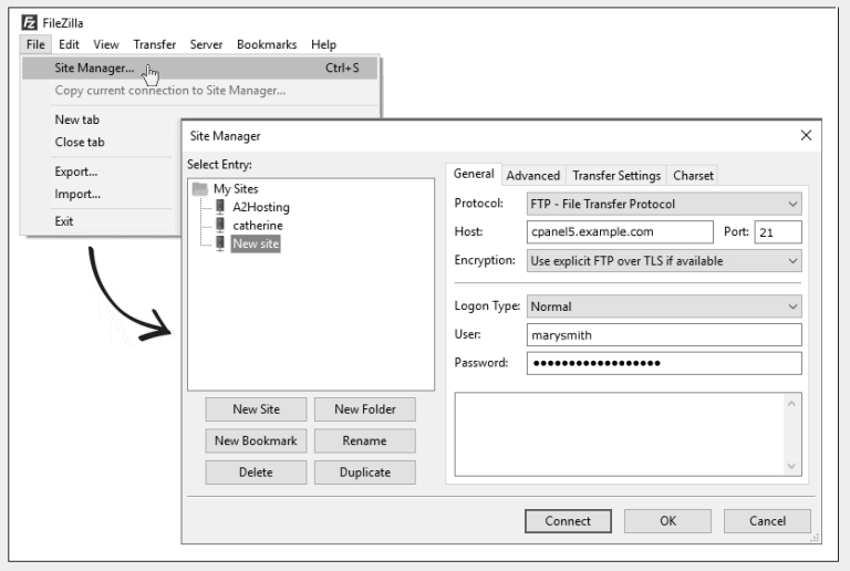 FileZilla site connection details